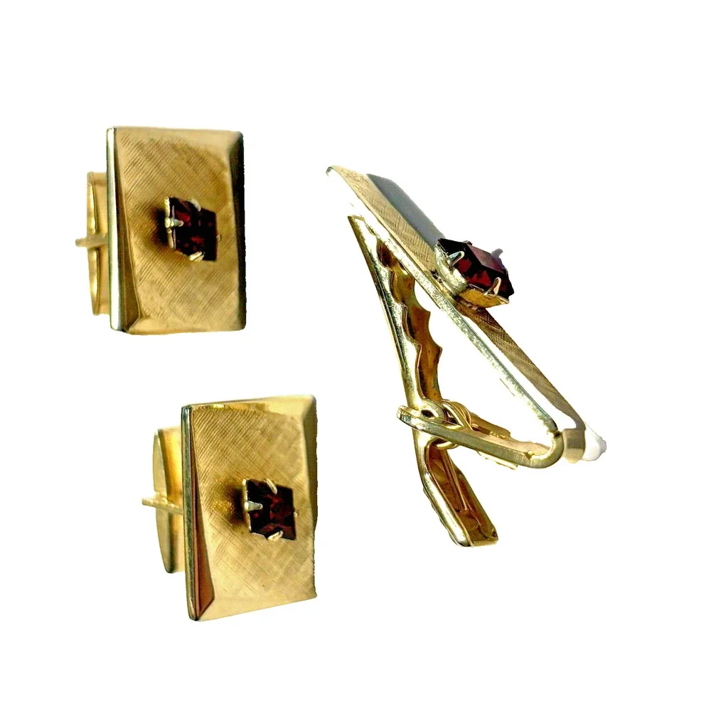 Vintage Mid Century Tie Bar & Cuff Links Mens Jewelry Set Gold & Red Rhinestones
